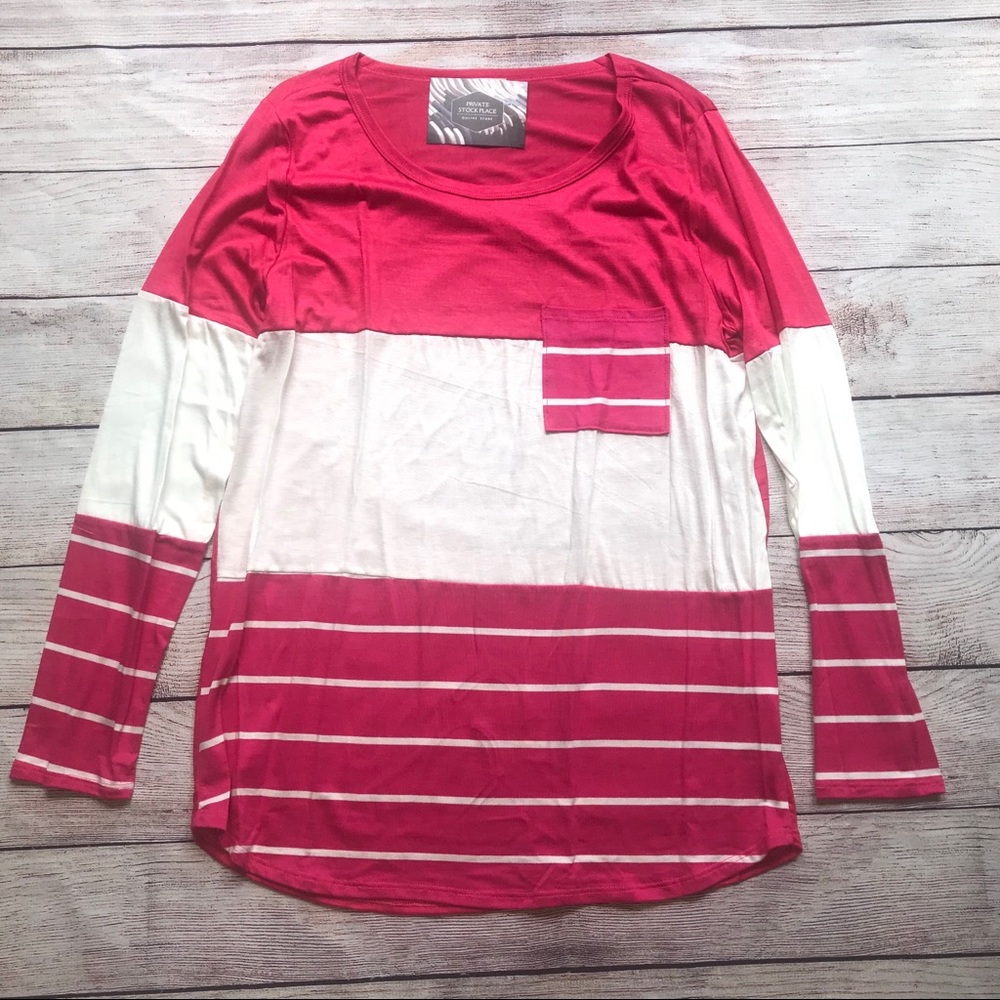 NWT Boutique Pink Stripe Pocket Top S M L - Picture 5 of 7